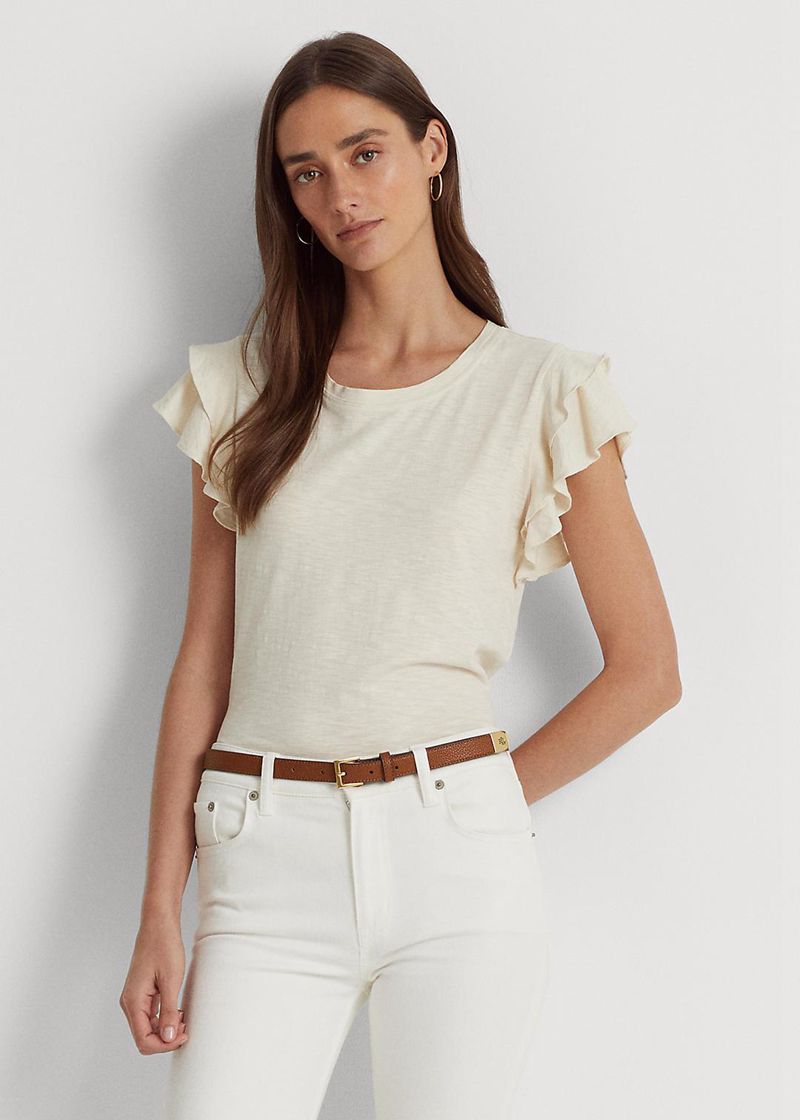 Camiseta Lauren Mujer Ruffle-Trim Slub Jersey Chile Beige CJXPG-4936